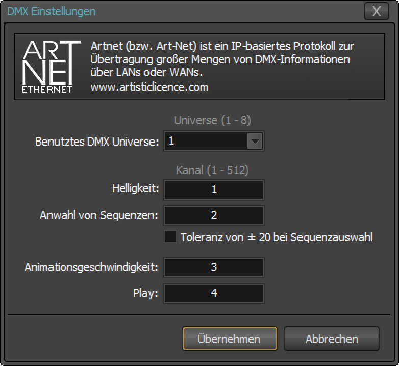 DMX settings for the network, universe and start channel